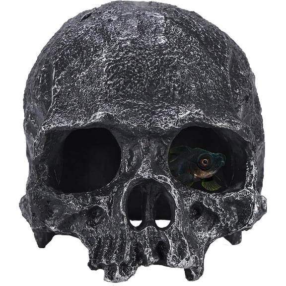 BPPEG Resin Reptile Hideout for Tank Realistic Skull Decor Terrarium,Black Decorative Skeleton Head Hides and Caves for Fish Ball Python Axolotl Tarantula, Ball Python Hide, Snake Hides