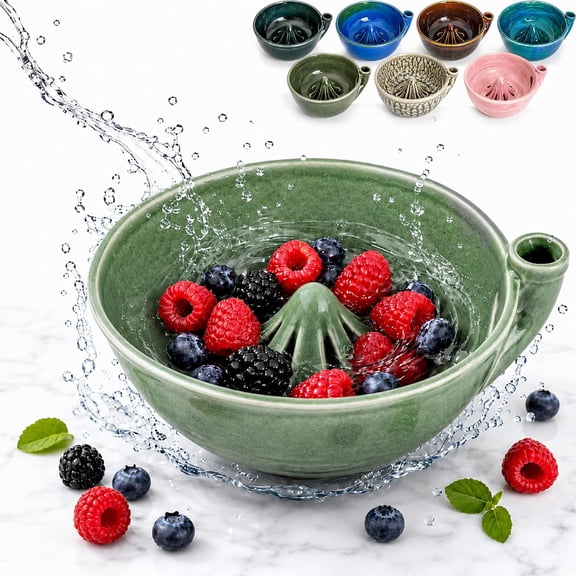 BPPEG Self Rinsing Berry Washing Ceramic Bowl, 7'' ,Stoneware Fruit Rinse Bowl with Drain Holes and Strainer, Handmade Berry Washer for Strawberry, Blueberry, Grape, Kitchen Counter Storage