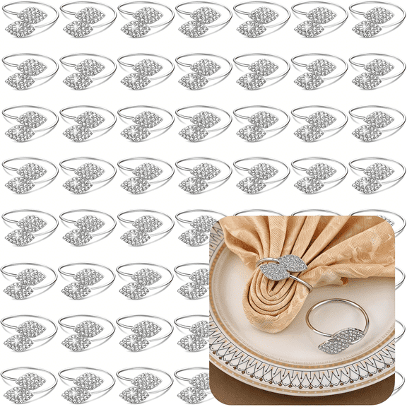 BPPEG Set of 100 Napkin Rings Metal Silver Elegant Bling Leaves Rhinestone Napkin Rings Bulk Dinner Banquet Serviette Decor,Dining Table Setting for Thanksgiving Christmas Holiday Wedding Party