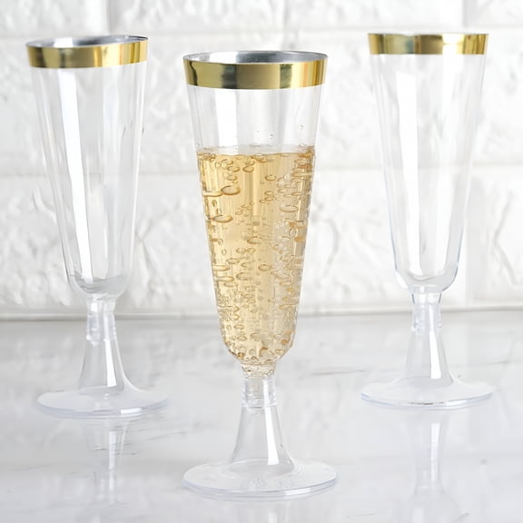 BPPEG Set of 12 - 5Oz Plastic Champagne Flutes Disposable - Gold Rimmed Design - Detachable Base for Weddings,Birthdays,Parties,Receptions,Banquets,Baby Showers,Drinkware,Events