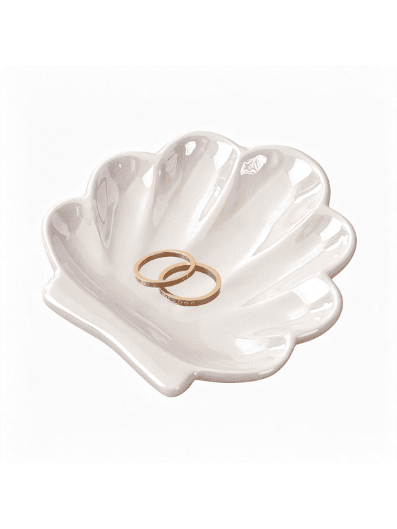 Shell Ceramic Trinket Dish, Cute Ring Earrings Holder Jewelry Tray, Organizer Plate Home Decorations for Bathroom, Bedroom and Dresser Accessories Shell Jewelry Dish