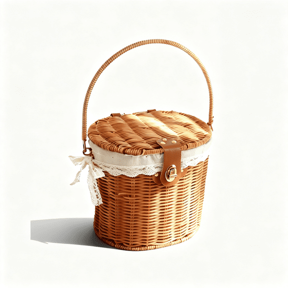 BPPEG Small Picnic Basket with Lid & Foldable Handles - Vintage Rattan Picnic Hamper with White Lining & Lock for Picnic, Beach, Vacation & Everyday Use