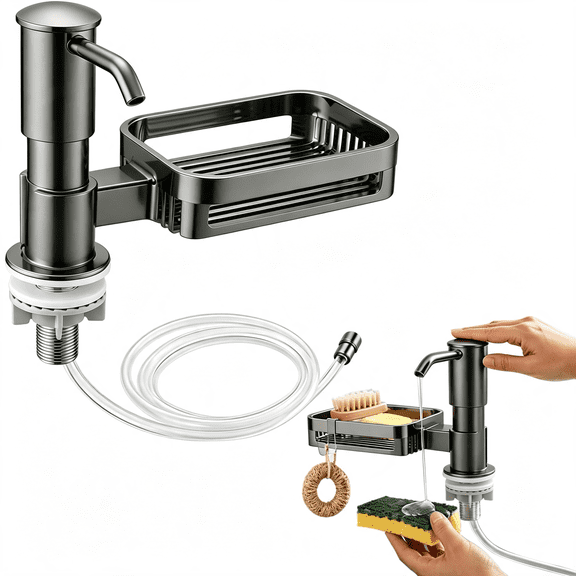 BPPEG Soap Dispenser Pump for Kitchen Sink,Built in Soap Dispenser Pump with Sponge Holder and 39" Extension Tube Kit,Built in Dish Soap Dispensers under Sink for Countertop(Grey)