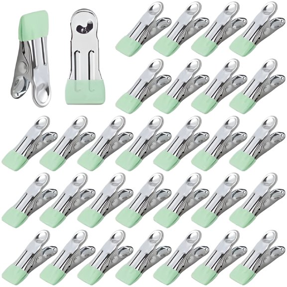 BPPEG Stainless Steel Heavy Duty Clothes Pins for Laundry, Multipurpose Outdoor Clips - Bag Clips for Socks, Towels, Snacks (30, Light Green)