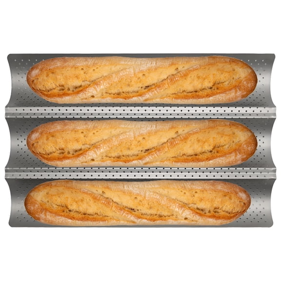 BPPEG Stainless Steel Perforated Baguette Pan,3-Loaf Nonstick French Bread Pan,15"X9.6" Silver-Colored Bakery Tray for Baking Bread Pans for Baking