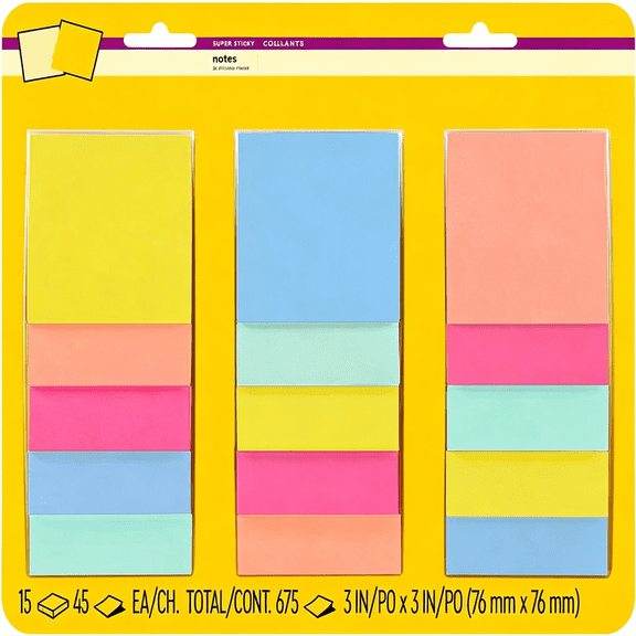 BPPEG Super Sticky Notes,3 In.X3 In.,Summer Joy Collection,Sticky Botes 15 Pads/Pack,45 Sheets/Pad