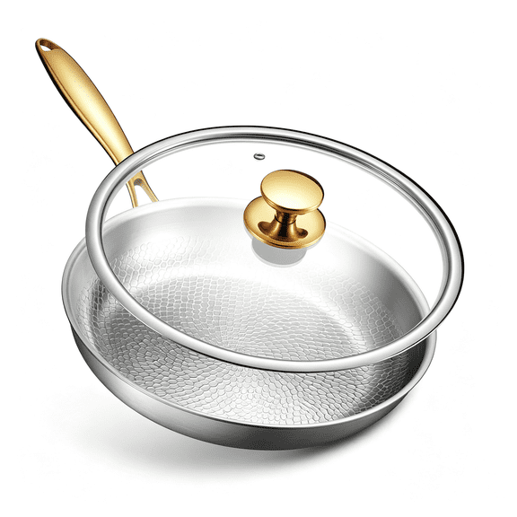 BPPEG Titanium Frying Pan,12In Titanium Skillet with Lid for Cooking|Hammered Chef-Grade Design Free|Commercial Cookware|Induction,Dishwasher&Oven-Safe