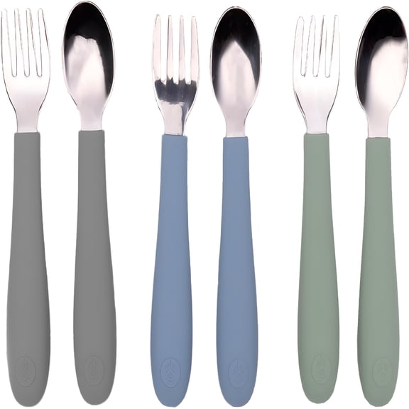 BPPEG Toddler Utensils,3 Forks & 3 Spoons,Stainless Steel & Food Grade Silicone,Thick Easy-Grip Handles,Perfect Length for New Self Feeders,Gentle on Gums & Teeth,Dishwasher Safe