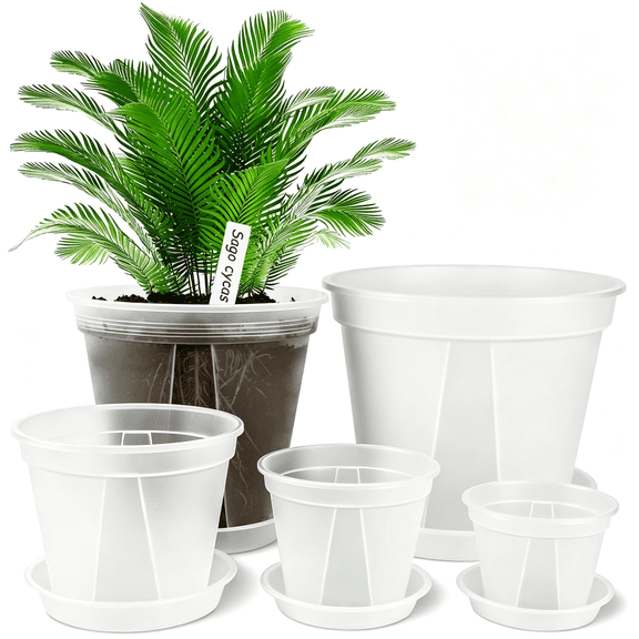BPPEG Transparent Plastic Garden Pots Planter with Saucer 4/5 /6/7 /8 Inch Clear Plant Nursery Pots Drainage Hole for House Plants, Herb, Flowers, and Cactus with 10Pcs Plant Labels