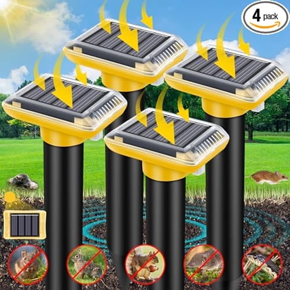 BPPEG Ultrasonic Mole Repellent Outdoor,4 Pack Gopher Repellent Solar-Powered for Lawn Yard and Garden,Waterproof Mole Killer Traps,Effectively Repels Gopher Vole Groundhog Snake,Yellow