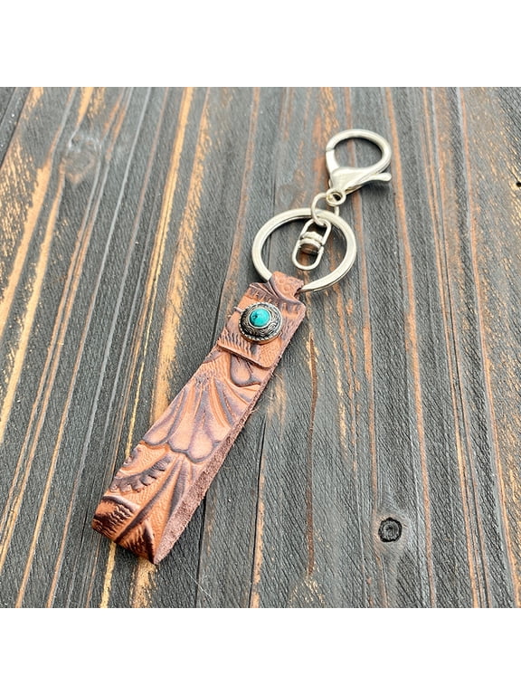 Vintage Embossed Cowhide Keychain Brown Western Turquoise Horseshoe Wristlet Lanyard Keychain Jewelry Western Lanyard
