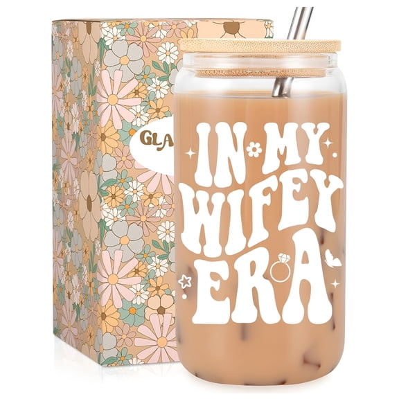 BPPEG Wifey Era Cup Wedding Bride Gifts for Her Bridal Shower Engagement Gifts for Women Couples 16 Oz Coffee Glass Cups W/Lids Straws Bachelorette Presents for Bride to Be Future Mrs