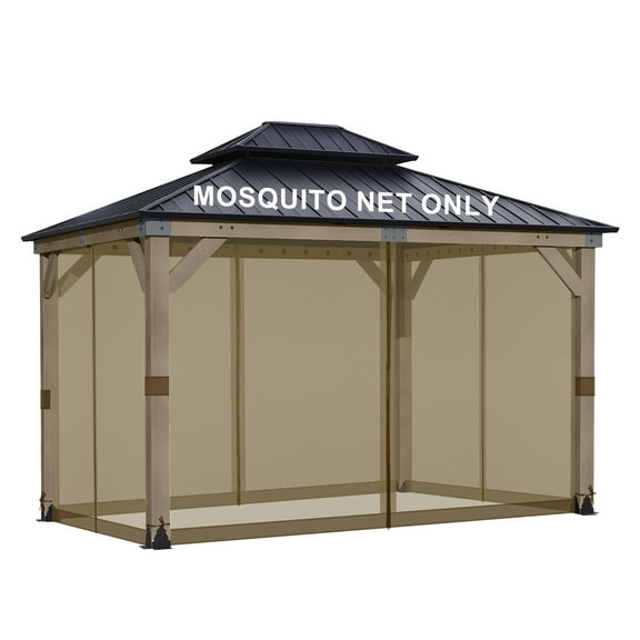 BPS 10' x 12' Gazebo Universal Mosquito Netting Screen Replacement, 4-Panel Screen Walls with Double Zippers for Outdoor Patio - Brown (Mosquito Net Only)