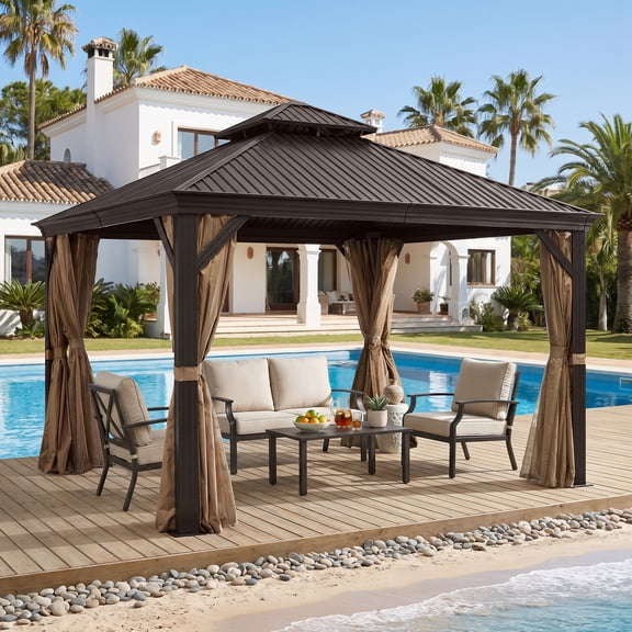 BPS 12'x12' Hardtop Gazebo with Drainage System, Aluminum Permanent Outdoor Gazebo with Galvanized Steel Double Roof, Patio Metal Pavilion with Netting and Privacy Curtain for Garden Backyard
