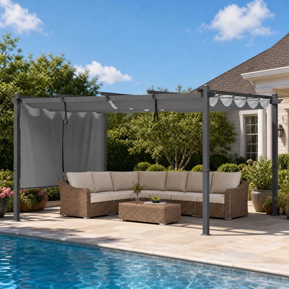 BPS 14' x 12' Outdoor Retractable Pergola with Canopy & 2 Roller Shades, Aluminum Patio Gazebo Shelter, Gray