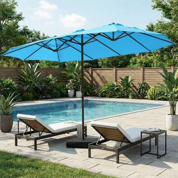 BPS 15ft Patio Umbrella with Base, Rectangle Outdoor Umbrella with Stand for Poolside, Lawn, and Backyard - Light Blue