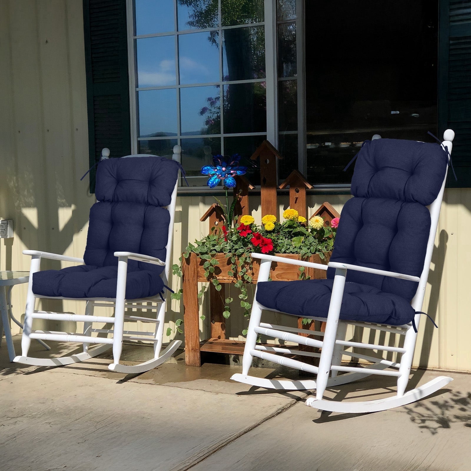 BPS Outdoor Chair Cushions, 45x22x5 Inch High Back Patio Dining Seat Cushion, Tufted Pads Set of 2, Dark Blue