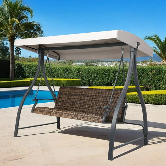 BPS 3-Seat Outdoor Porch Swing, Metal Frame PE Wicker Patio Swing with Adjustable Olefin Canopy, Khaki