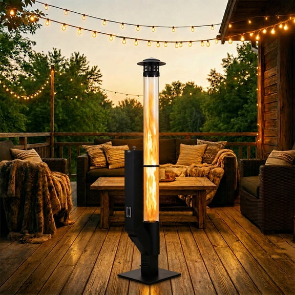 BPS 56 inch Patio Pellet Heater Outdoor Smokeless Wood Pellet Burning Flame, Portable Pellet Stove with Rain Cap and Viewing Window for Porch, Backyard, Garden, and Camping