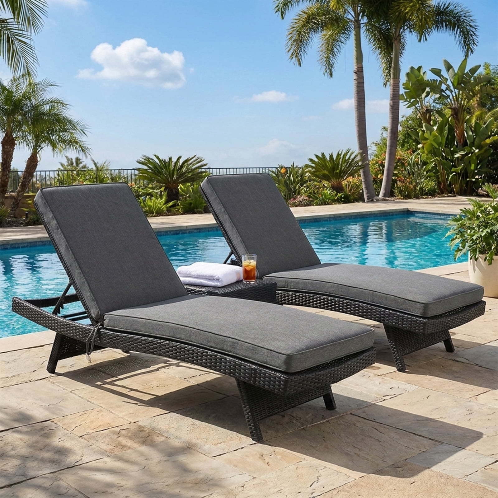 BPS 72" x 21" x 3" Outdoor Chaise Lounge Cushion, Fade & Water Resistant Patio Chair Cushion, Set of 2 - Charcoal
