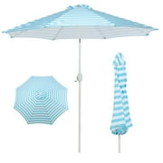 BPS 9FT Outdoor Patio Umbrella with Push Button Tilt & Crank, 8 Sturdy Ribs, UV Protection, Sky Blue-White Stripes