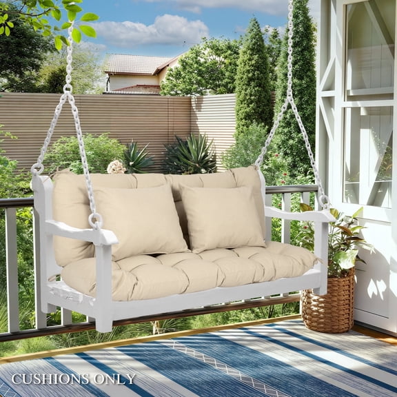 BPS 5-Inch Thick Patio Porch Swing Cushion Set with Backrest & Pillows, 59-Inch Waterproof 3-Seat Outdoor Bench Cushions Replacement, Khaki