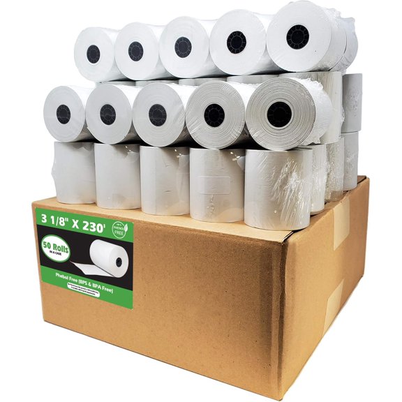 BPS Free Thermal Paper 3 1/8" x 230' ft (Also BPA & Phenol Free - 50 Rolls) Climate Friendly Receipt Rolls fits all Clover POS Cash Register Printers SCP700 TSP100 from BuyRegisterRolls