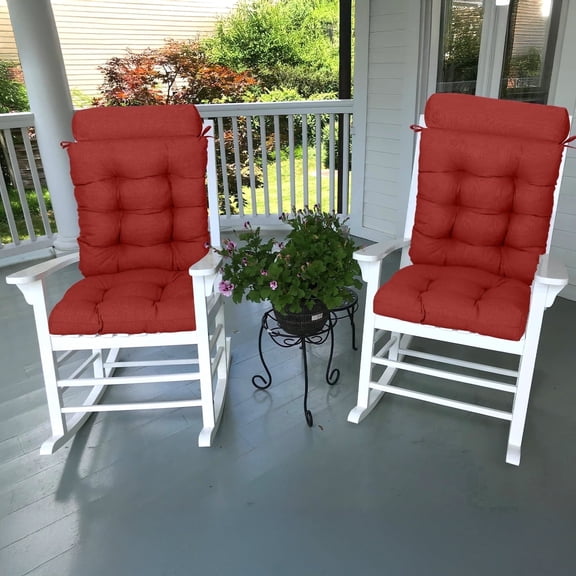 BPS Outdoor Patio Rocking Chair Cushion, Water- & Fade-Resistant High Back Cushions, Red Tufted Pads with Ties, Set of 2
