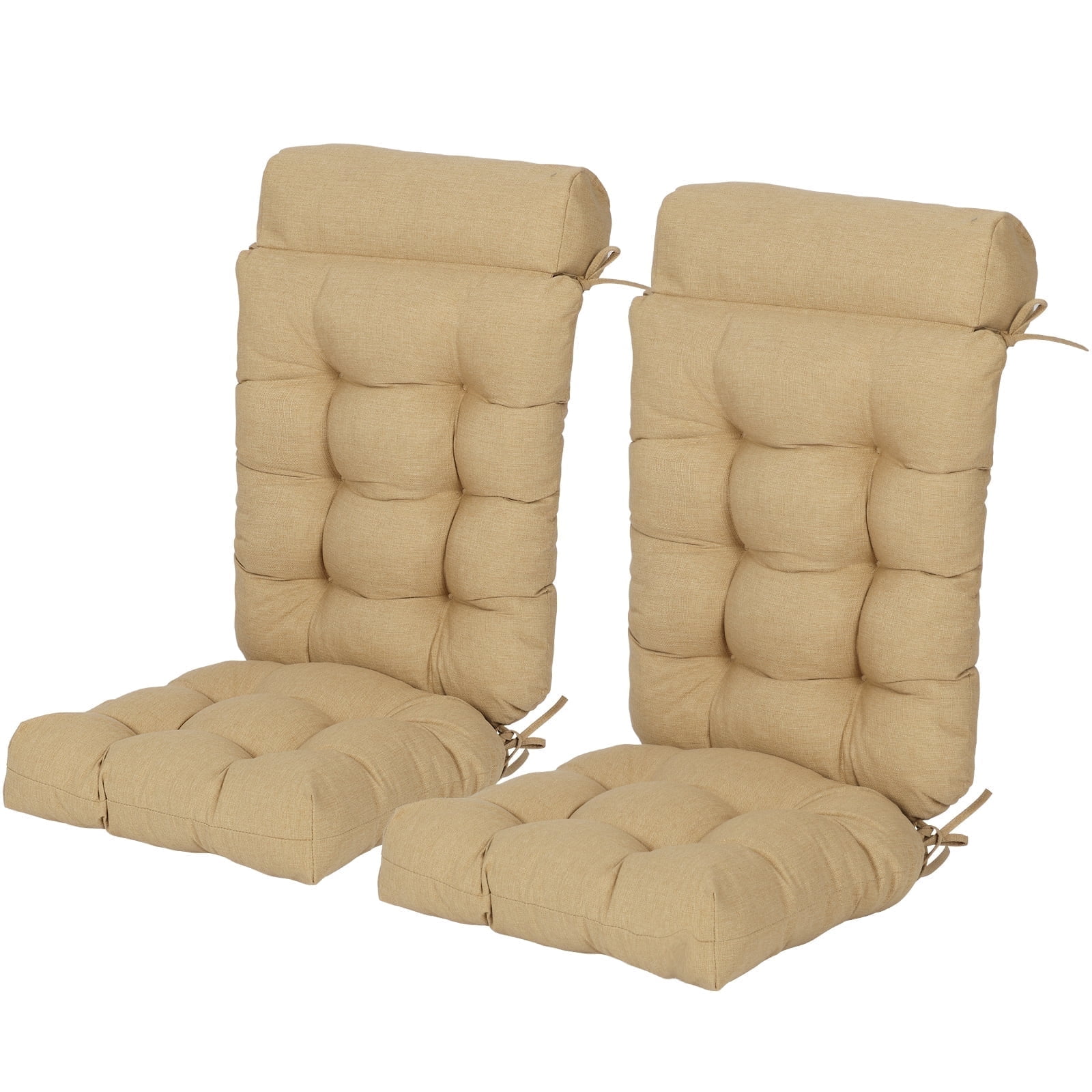 BPS Outdoor Patio Rocking Chair Cushion, Waterproof Fade-Resistant High Back Cushions, Tufted Pads with Ties, Set of 2, Brown