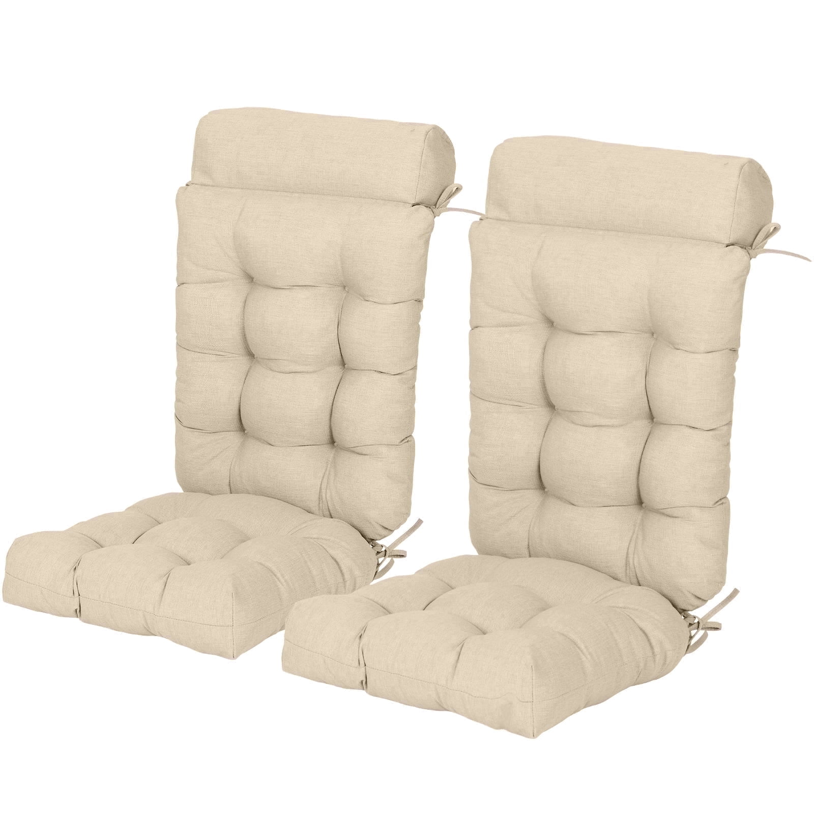 BPS Outdoor Patio Rocking Chair Cushion, Water- & Fade-Resistant High Back Cushions, Tufted Pads with Ties, Set of 2, Light Brown