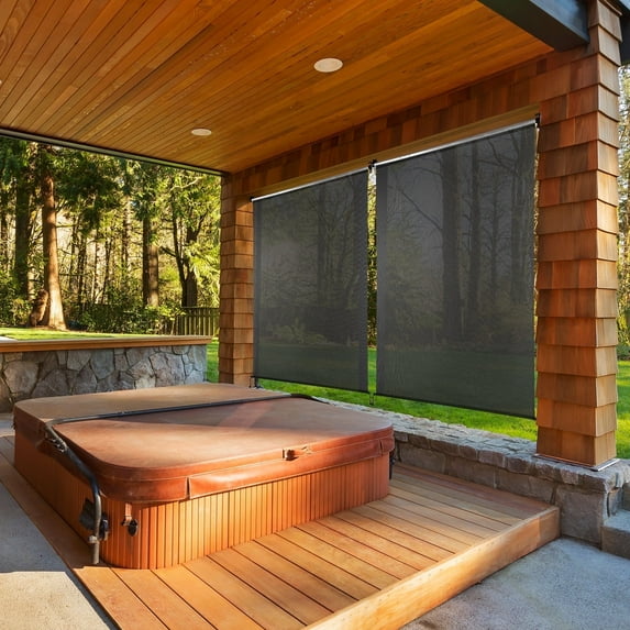 BPS Outdoor Roller Shades Porch Blinds, 5% Openness UV Protection Cordless Solar Fabric Sun Shade, 4'W x 8'H