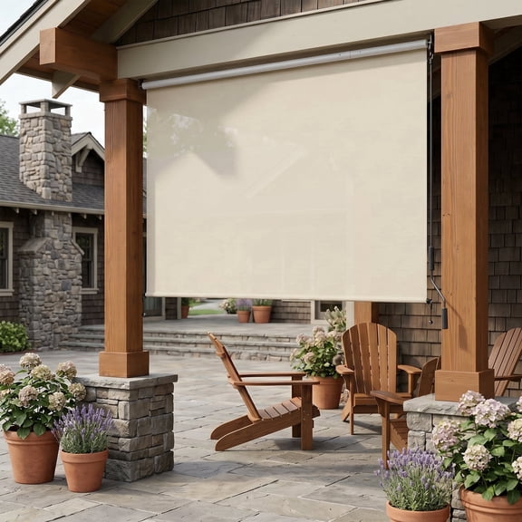BPS 4'W x 8'H Outdoor Roller Shade Patio Porch Blinds, Cordless 5% Openness Solar Fabric