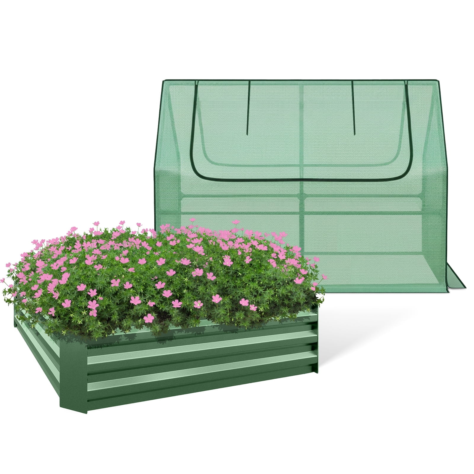 BPS Raised Garden Bed Set, 4x4x1  FT Metal Bottomless Flower Bed with PE Cover for Outdoor Planting, Green