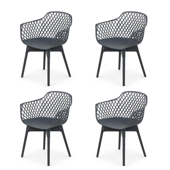 BPS Resin Dining Chairs Set of 4, Modern Outdoor Patio Furniture Plastic dining chairs, ergonomic back, armrests, weather-resistant for patio, backyard, deck, porch, easy to clean, Grey