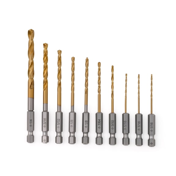 Birla Durotool 10-Piece HSS Titanium-Coated Hex Shank Drill Bit Set, 1/16" to 1/4", 135 Split Point