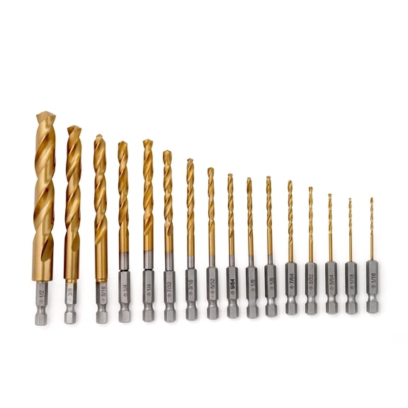 Birla Durotool 16-Piece HSS Titanium-Coated Hex Shank Drill Bit Set, 1/16" to 1/2", 135 Split Point.