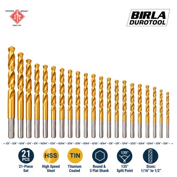 Birla Durotool 21-Piece HSS Titanium-Coated Round Shank Drill Bit Set, 1/16" to 1/2", 135 Split Point