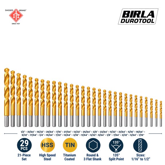 Birla Durotool 29-Piece HSS Titanium-Coated Round Shank Drill Bit Set, 1/16" to 1/2", 135 Split Point
