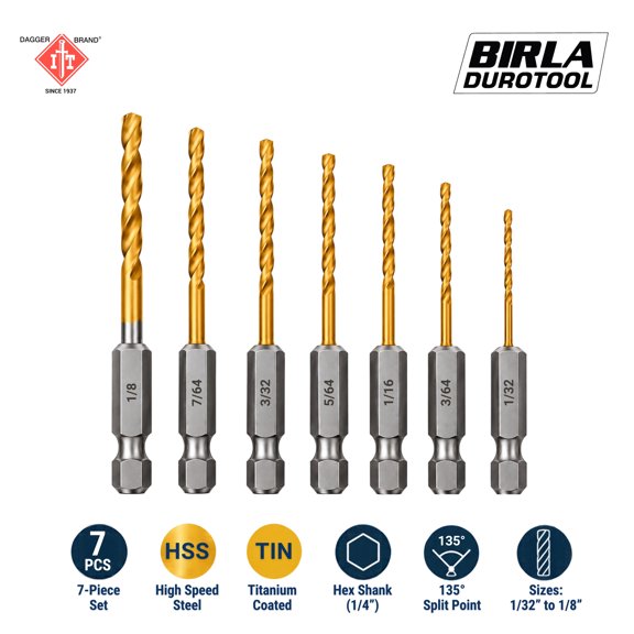 Birla Durotool 7-Piece HSS Titanium-Coated Hex Shank Drill Bit Set, 1/32" to 1/8", 135 Split Point