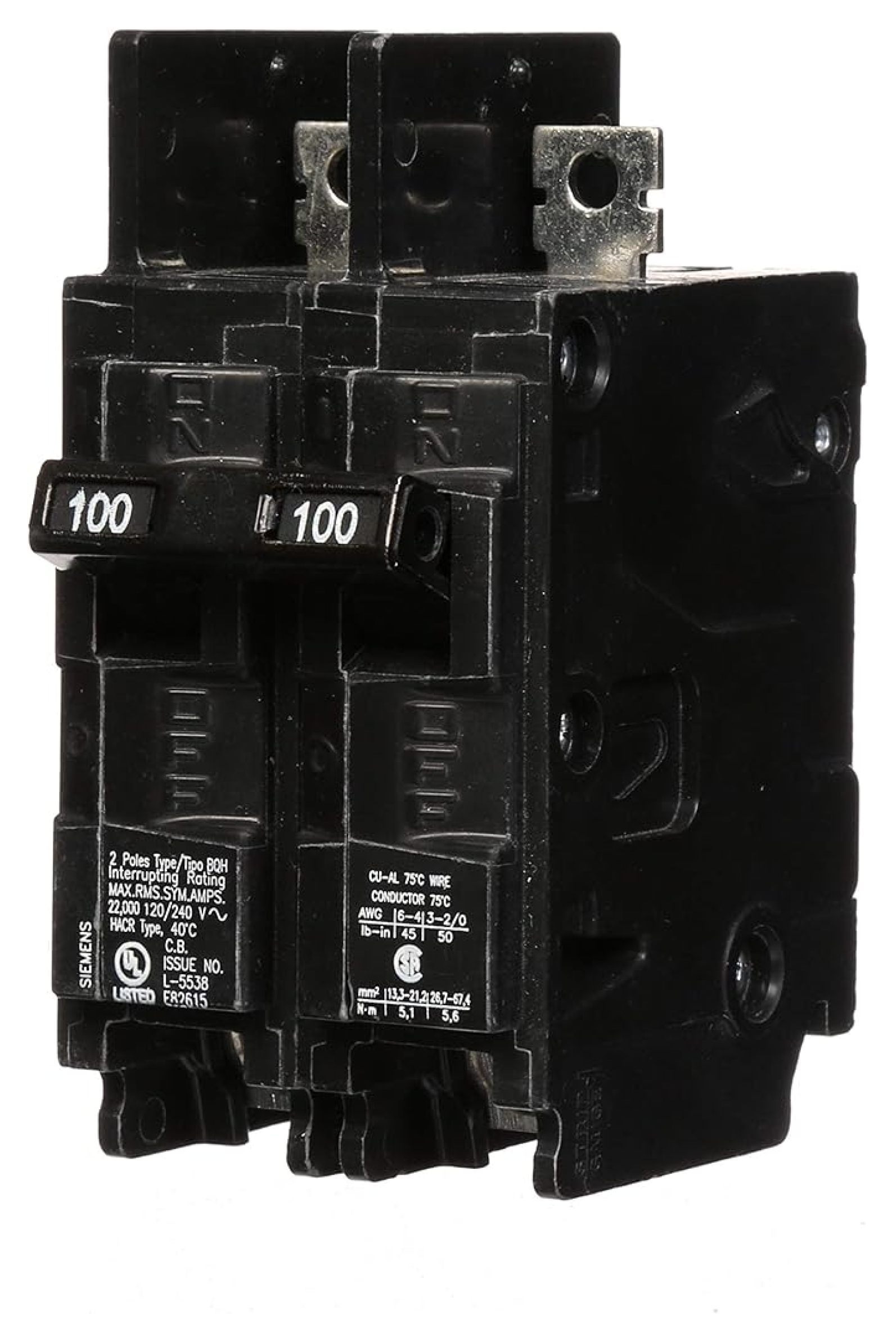 BQ2B100H 100-Amp Double Pole 120/240-Volt 22KAIC Lug In/Lug Out Breaker