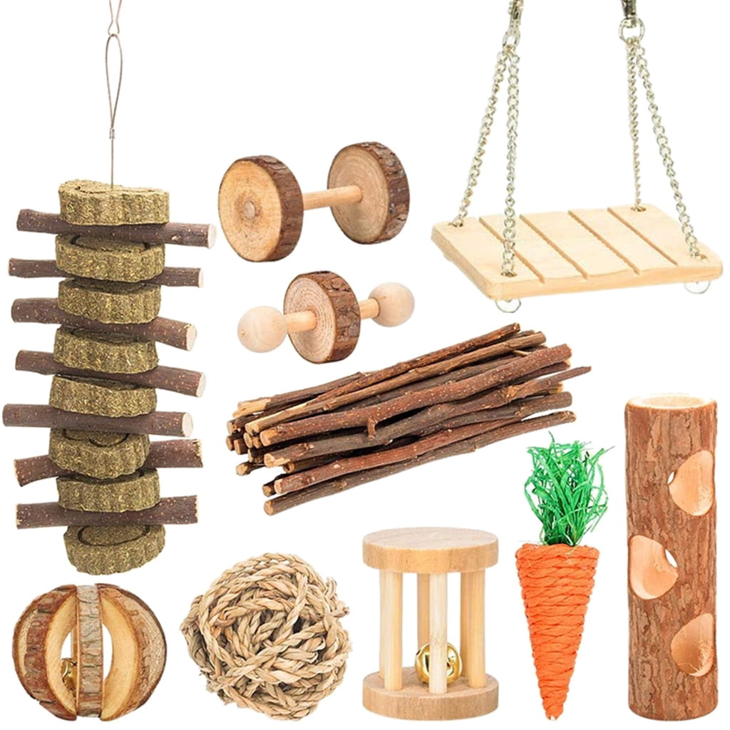 BQBQERT 10Pcs Hamster Chew Set Natural Wooden Chinchillas Accessories Dumbbells Exercise Roller Teeth Care