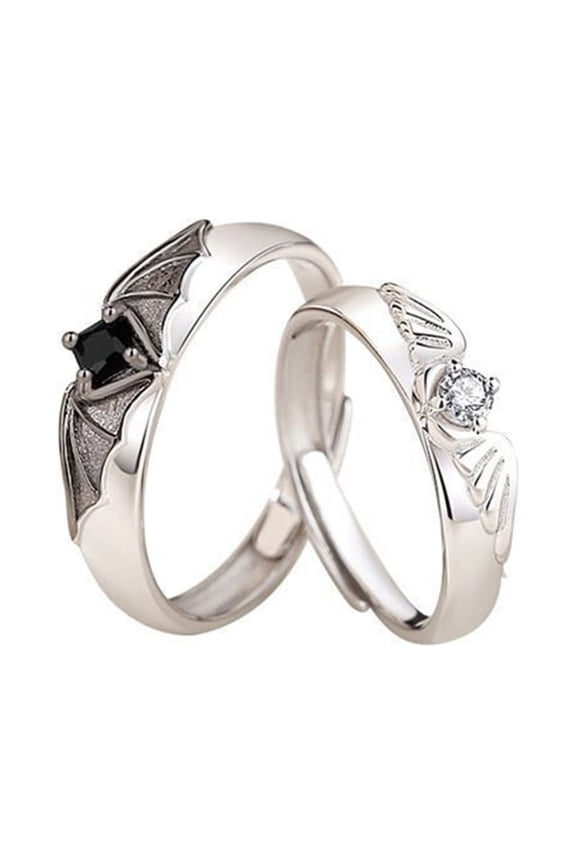 2 Pcs and Devil Wing Couple Rings Adjustable Commemorative for Valentines Day Girlfriend Boyfriend