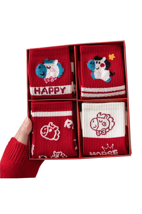4 Pairs Women Lucky Cotton Socks for Chinese Zodiacs Horse Year with Wealth Symbol Festival Ankle Socks for Holiday