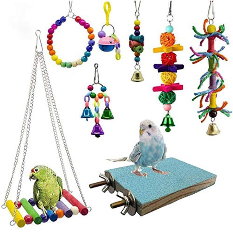 BQBQERT 8-Piece Bird Training Chewing Toy Safe Swing Hammock Platform Perch for Parakeet Cockatiel