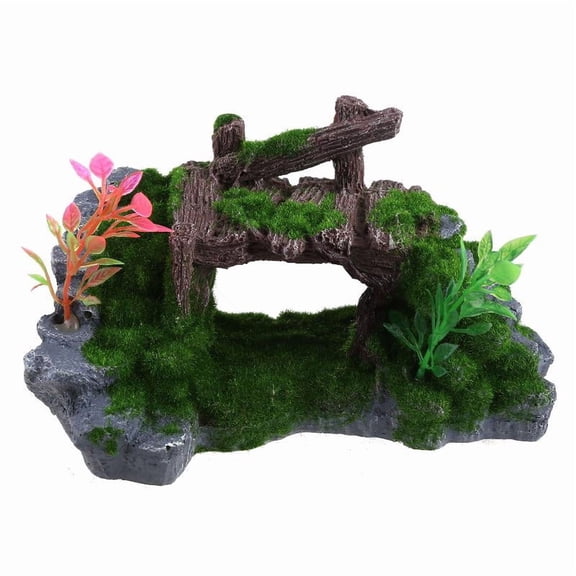 BQBQERT Aquarium Resin Decor Rock Ornament Wood Bridge with Moss Betta for Accessories for Hermit Crabs Guppy Fish
