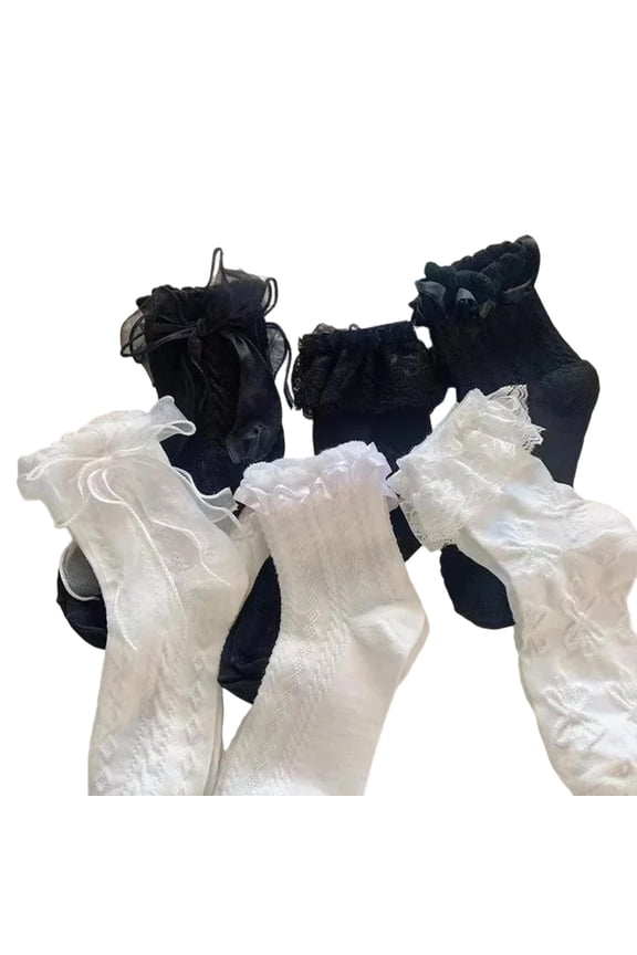 Casual Bowknot Decorated Ankle Socks 6 Pairs Set Lightweight Lace Trim Middle Calf Socks for Daily Wear