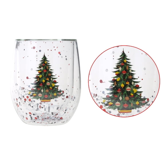 BQBQERT Christmas Tree Pattern Glitter Cup High Temperature Transparent Double Wall Water Milk Coffee Glass