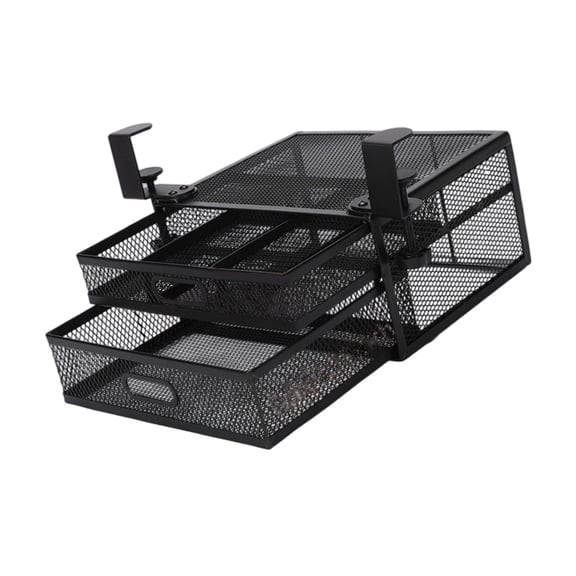 BQBQERT Double Layer Under Desk Storage Drawer 2 Sliding Compartments Basket Black Grids Metal Frame Organization Systems