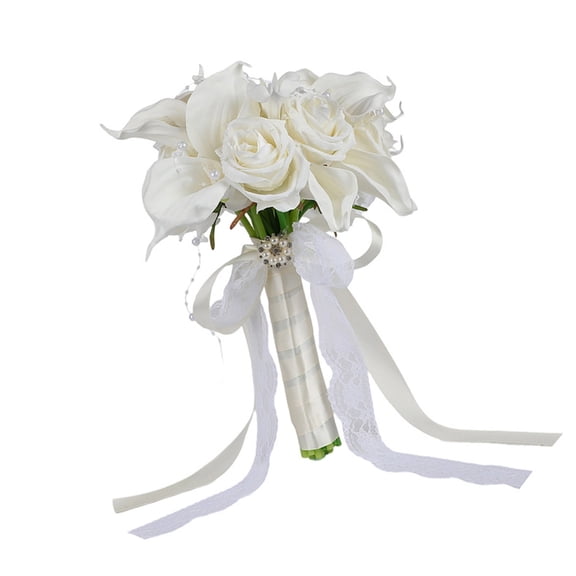 BQBQERT Elegant White Artificial Flower Bouquets For Bridal Party Decorations Silk Callas Lilies Rose Bridal Accessory