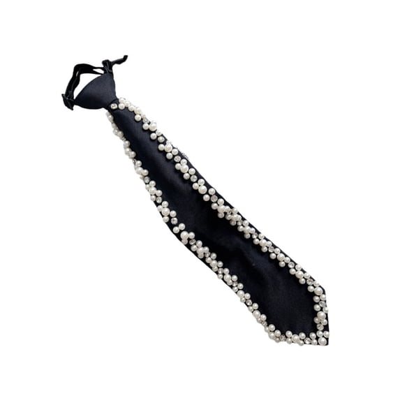 BQBQERT Fashionable Pearls Decorated Silk Neck Tie Jewelry Embellishment Pre Tied Adjustable Necktie Neckwear for Wedding Party